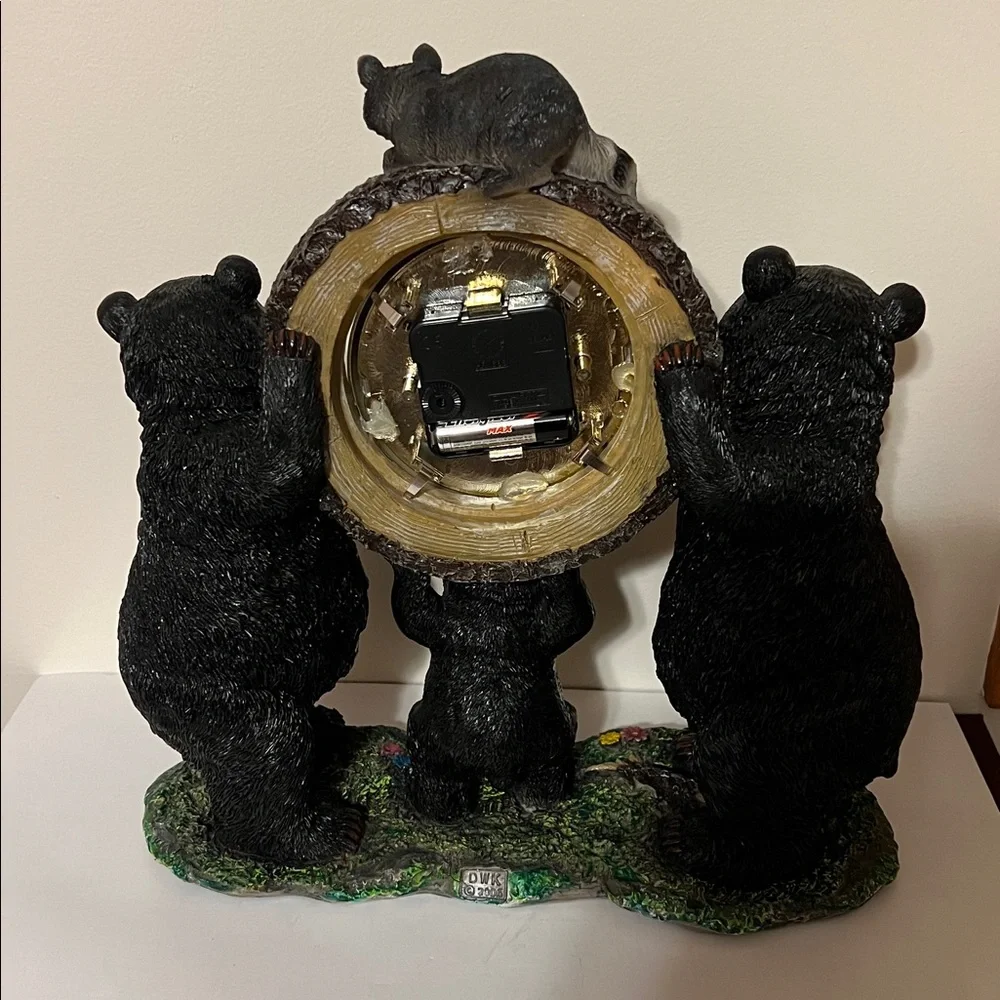Charming Black Bear 🐻 Family Holding a Birch Log Clock with Raccoon 🦝 on the Top